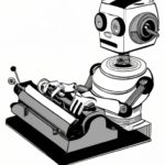 a robot at a typewriter, in the style of a cartoon from the 1950s
