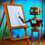 a robot artist at an easel , in the style of a cartoon from the 1950s